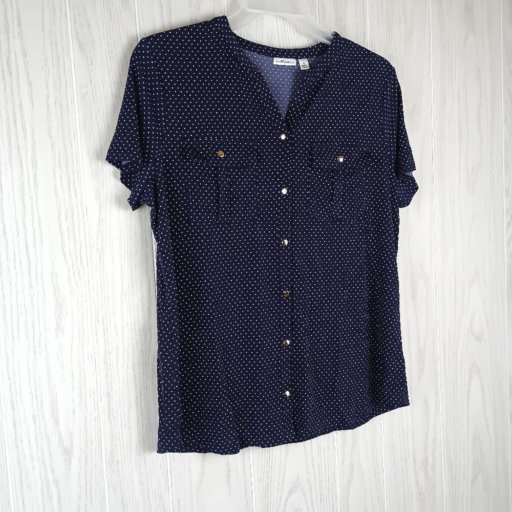 Croft & Barrow size L button up black top w white dots short sleeve blouse - Picture 2 of 11